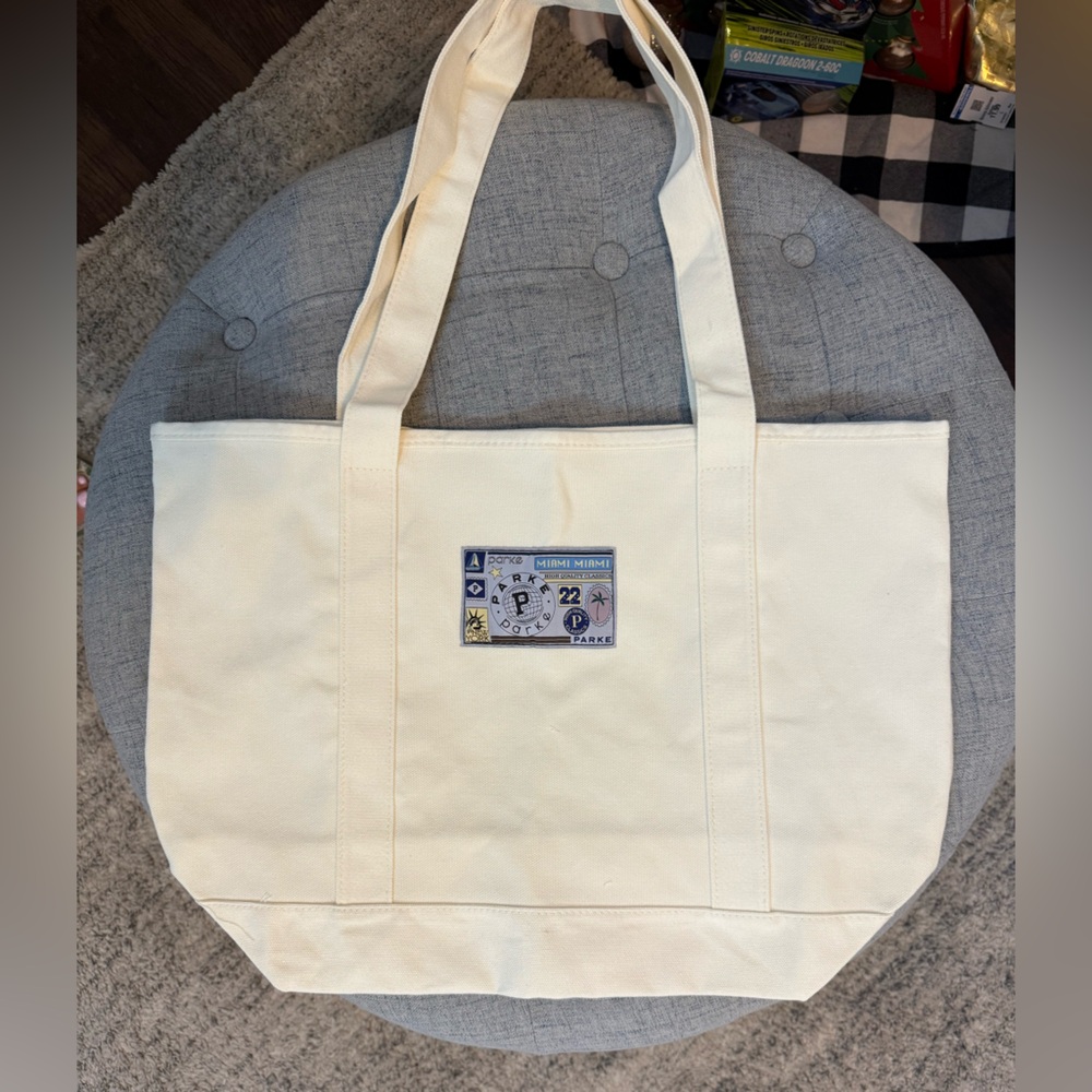 NWT💎Parke Canvas Large Miami Beach Tote Bag Cream Tan Embroidered Graphic Logo